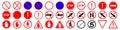 Set of Red STOP sign. Set of prohibition sign. Stop set vector sign with hand. Hand forbidden vector sign. Road icon caution