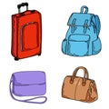 Set of red suitcase, blue backpack, brown bag and lilac woman bag on a white background. Royalty Free Stock Photo