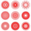 A set of red symmetric circle patterns in filigree lace design