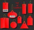 Set of red tags with Golden rope. Collection of labels of various shapes on a black background.