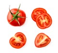 Set of red tomato, half and pieces on a white. The view of the top.