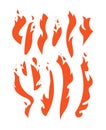 Set of red tongues of flame. Collection of various forms of fire. Hand-drawn silhouettes of a blazing campfire. Vector