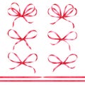 Set of red watercolor bows and ribbons