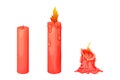 Set red wax candle stages burning with fire, flame in cartoon style isolated on white background. Animation objects Royalty Free Stock Photo