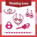 Set red wedding icons. jewelry, earrings, necklace Royalty Free Stock Photo