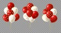 Set of red and white balloons bunches with golden confetti on transparent background