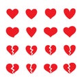 Set of red whole and broken heart shaped symbols. Collection of different romantic vector heart icons for web site