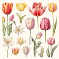 Set of red, yellow, pink and white tulip flower illustrations isolated on white background. By Generative AI. Royalty Free Stock Photo