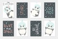 Set with 8 redy to use cards with cute pandas astronauts in helmets, planets, stars.