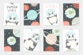 Set with 8 redy to use cards with cute pandas astronauts in helmets, planets, stars.