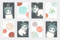 Set with 8 redy to use cards with cute pandas astronauts in helmets, planets, stars.