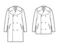 Set of reefer Pea coats technical fashion illustration with double breasted, oversized Stand up collar, jetted pockets.