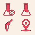Set Refill petrol fuel location, Antifreeze test tube, Test tube and flask and Gasoline pump nozzle icon. Vector
