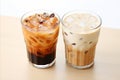 Set of refreshing iced coffee and latte in tall glasses isolated on white background
