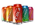 Set of refreshing soda drinks in metal cans