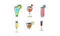 Set of refreshing summer cocktails in glasses. Alcoholic drinks. Cartoon vector elements for menu or party poster