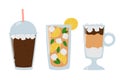 Set of refreshing summer drinks. Cartoon iced coffee, iced latte and cold tea with ice cubes. Royalty Free Stock Photo