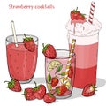 Set of refreshing summer drinks from strawberries. Milkshake, strawberry Mojito, fresh drink and fresh strawberry Royalty Free Stock Photo