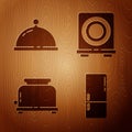 Set Refrigerator, Covered with tray of food, Toaster and Electric stove on wooden background. Vector