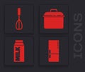 Set Refrigerator, Kitchen whisk, Cooking pot and Paper package for milk icon. Vector