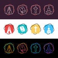 Set of religion christian simple colorful icon in three styles. Cross, pray, church, holy bible Royalty Free Stock Photo