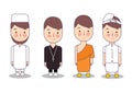 Set of religion people. Different characters collection buddhist monk, christian priests, muslim, hindu leader. Concept