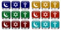 Set of 3 religious symbols: Islamic crescent, Jewish star of David, Christian cross on a three-dimensional button. The concept of Royalty Free Stock Photo