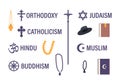 Set of Religious Symbols. Orthodoxy and Catholicism Cross, Om Hinduism, Wheel of Dharma Buddhism, Star of David