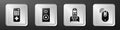 Set Remote control, Stereo speaker, Telephone and Wireless computer mouse icon. Silver square button. Vector Royalty Free Stock Photo