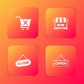 Set Remove shopping cart, Online, Hanging sign with Close and Open door icon. Vector