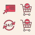 Set Remove shopping cart, Online shopping on screen, Shopping cart with check mark and Clock 24 hours icon. Vector