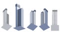 Set of 5 renders of fictional design financial buildings block of flat towers with sky reflection - isolated on white, bottom view