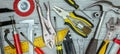 Set of renovation and working tools on DIY table background Royalty Free Stock Photo