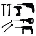 A set of repair tools. Drill, hammer drill, demolition hammer, nail puller, hammer, screwdriver, power tools, crowbar, chisel.