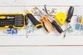 Set of repair tools on white  wooden background Royalty Free Stock Photo