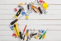 Set of repair tools on white  wooden background Royalty Free Stock Photo