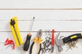 Set of repair tools on white  wooden background Royalty Free Stock Photo