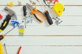 Set of repair tools on white  wooden background Royalty Free Stock Photo