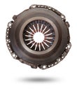 Set of replacement automotive clutch isolated on white background. Disc and clutch basket with release bearing Royalty Free Stock Photo