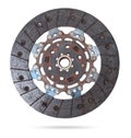 Set of replacement automotive clutch isolated on white background. Disc and clutch basket with release bearing