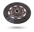 Set of replacement automotive clutch isolated on white background. Disc and clutch basket with release bearing
