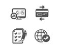 Report statistics, Credit card and Survey checklist icons. World statistics sign. Vector