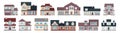 Set of residential buildings. Collection of exteriors of cottages, townhouses, apartments, roofs, facades, windows