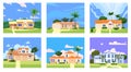 Set Residential Home Buildings in landscape tropic trees, palms. House exterior facades front view architecture family Royalty Free Stock Photo