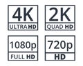 Set of resolution symbols. 2k, 4k, 1080p y 720p signs.