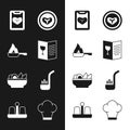Set Restaurant cafe menu, Frying pan, Steak meat on plate, Nachos, Kitchen ladle, Chef hat and Salt and pepper icon