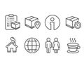 Restroom, Parcel checklist and Parcel tracking icons. Delivery timer, Globe and Coffee cup signs.