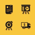 Set Resume, Armored truck, Target financial goal and Board with graph icon with long shadow. Vector