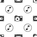 Set Retro audio cassette tape, Photo camera and Music note, tone on seamless pattern. Vector Royalty Free Stock Photo