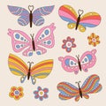 Set of retro butterflies in 60s 70s groovy style isolated. Flowers Child elements Collection. Vintage Hippie butterfly Royalty Free Stock Photo